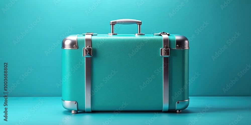 close-up, suitcase, solid, turquoise,retro, blue backdrop, A close up of a retro style turquoise suitcase with silver detailing against a solid blue backdrop close-up, suitcase, solid, turquoise,retro, blue backdrop, A close up of a retro style turquoise suitcase with silver detailing against a solid blue backdrop