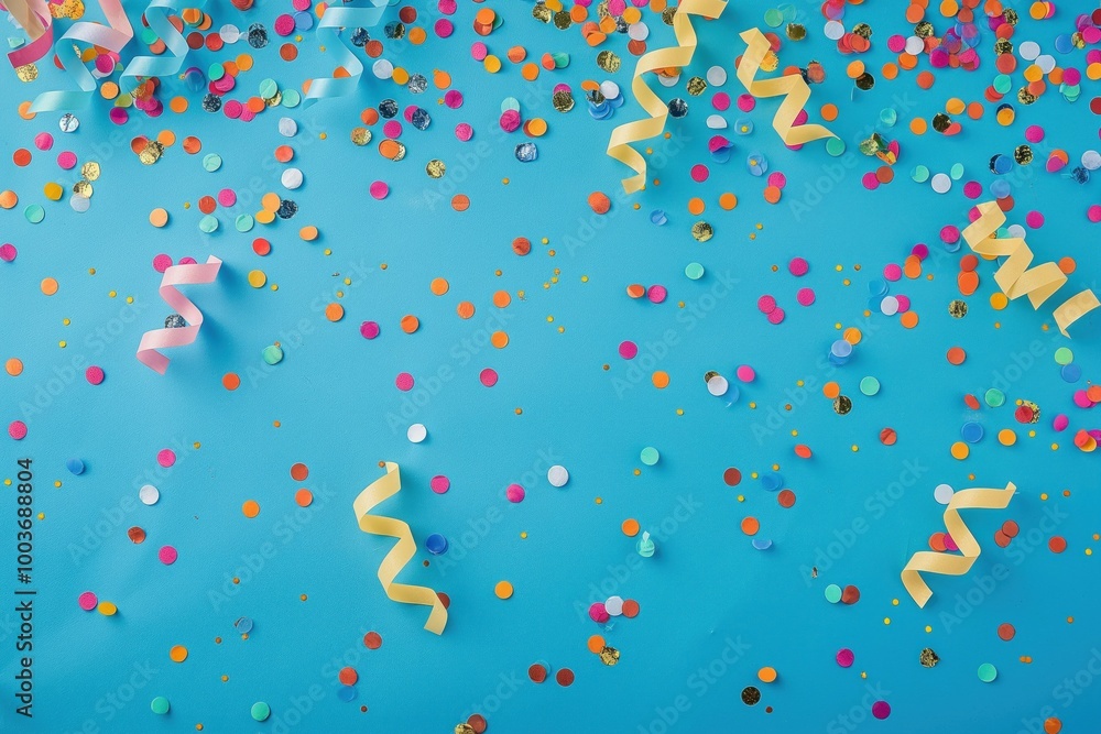Close-up of colorful confetti on blue background. Bright, vibrant, and festive, this confetti creates a joyful atmosphere. Perfect for birthday celebrations, parties, and events. Close-up of colorful confetti on blue background. Bright, vibrant, and festive, this confetti creates a joyful atmosphere. Perfect for birthday celebrations, parties, and events.