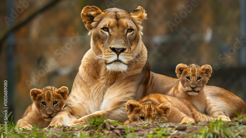 Regal lioness with attentive gaze stands protectively over her two young cubs, showcasing strength and grace.