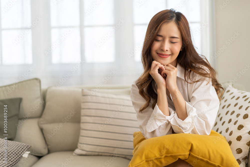 Portrait of smiling beautiful pretty asian woman clean fresh healthy white skin posing smile in pajamas white clothes, skincare, lady, model, cosmetic, fashion.Girl relax, enjoy at home.asia beauty Portrait of smiling beautiful pretty asian woman clean fresh healthy white skin posing smile in pajamas white clothes, skincare, lady, model, cosmetic, fashion.Girl relax, enjoy at home.asia beauty