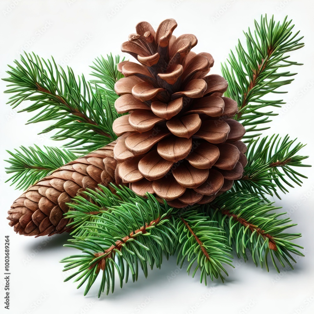 Fototapeta premium a cluster of pine cones resting on a few evergreen branches, symbolizing the holiday season, surrounded by rich greenery Perfect for a festive, nature-inspired winter scene