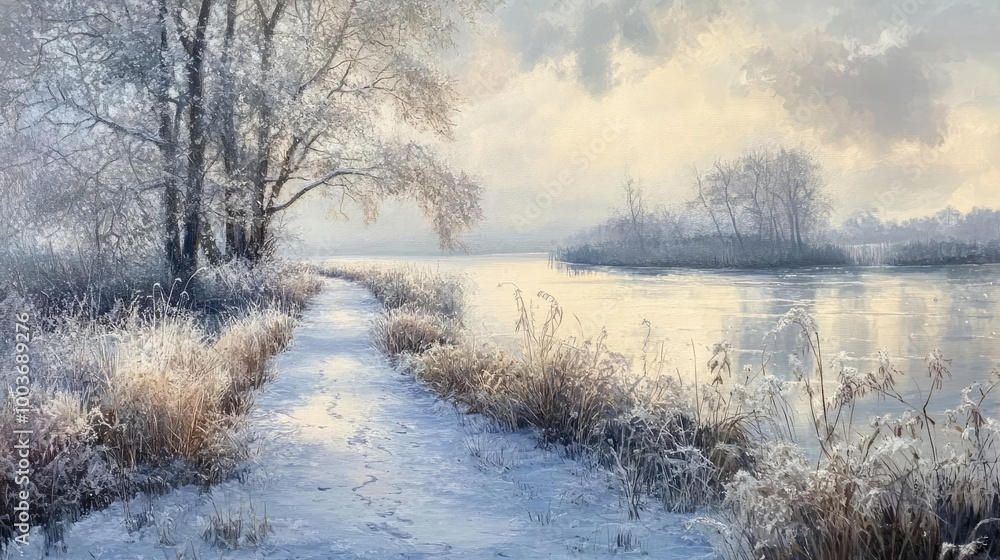 A serene winter landscape featuring a snow-covered path beside a tranquil river and frosted trees under a soft sky. A serene winter landscape featuring a snow-covered path beside a tranquil river and frosted trees under a soft sky.