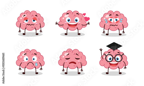 funny brain cartoon character with different pose activity vector illustration