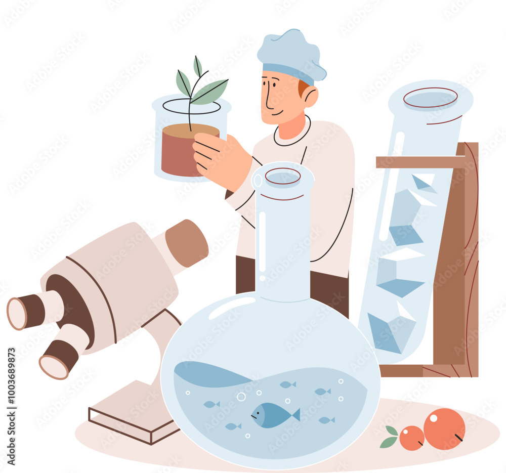 Scientific research. Vector illustration. Conducting research involves collecting and analyzing samples to obtain meaningful insights Studies are conducted to investigate specific phenomena Scientific research. Vector illustration. Conducting research involves collecting and analyzing samples to obtain meaningful insights Studies are conducted to investigate specific phenomena