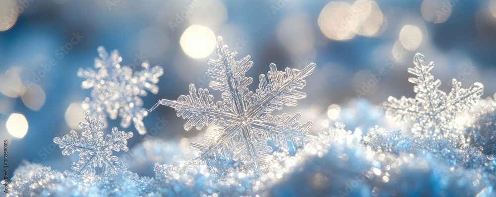 Close-up of delicate snowflakes on a soft blue surface, creating a magical winter wonderland atmosphere. Close-up of delicate snowflakes on a soft blue surface, creating a magical winter wonderland atmosphere.