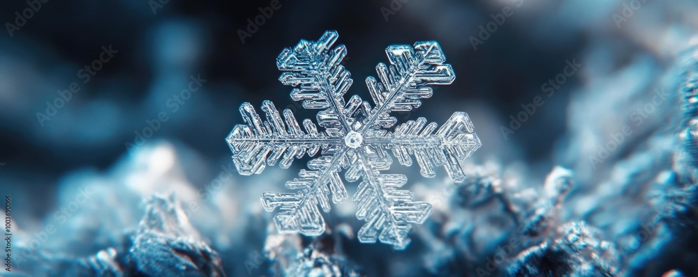 A stunning close-up of a delicate snowflake resting on icy surface, showcasing intricate details and a beautiful winter aesthetic. A stunning close-up of a delicate snowflake resting on icy surface, showcasing intricate details and a beautiful winter aesthetic.