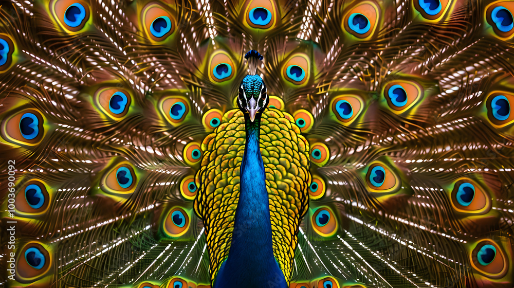 Obraz premium A majestic peacock poses elegantly, showcasing its stunning and colorful feathers with pride.