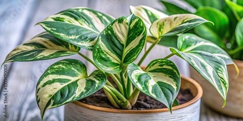 Raphidophora tetrasperma, plant, A close up view of a variegated Raphidophora tetrasperma plant in a pot showcasing its lush green leaves with splashes of creamy white variegation photo