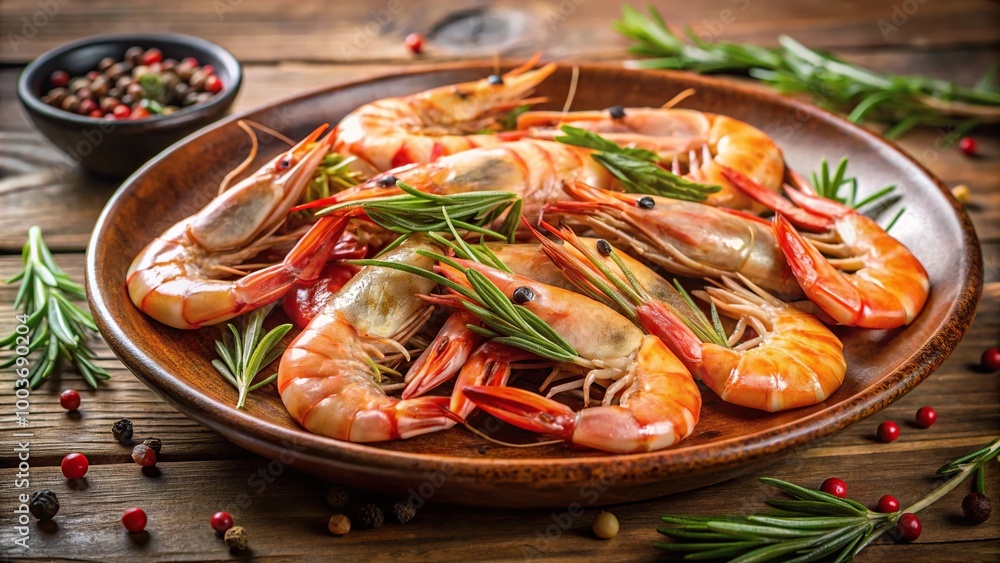 Well presented prawns on a ceramic plate decorated with rosemary and spices ready to serve Well presented prawns on a ceramic plate decorated with rosemary and spices ready to serve