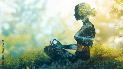 double exposure of woman meditating in nature, healthy mind body and spirit
