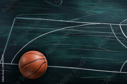 Basketball game strategy diagram on blackboard with arrows, lines, and symbols. Close-up of chalk drawing on wooden board. Coach plan and player movement. Sport competition concept.