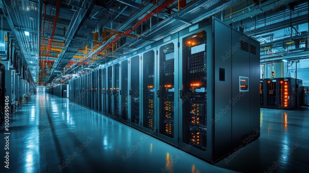 Data center interior with illuminated server racks, high-tech environment, blue lighting. Data center interior with illuminated server racks, high-tech environment, blue lighting.