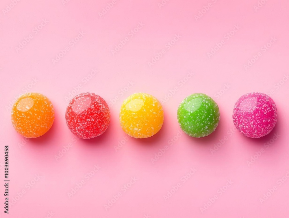 a row Different candy over a pink studio background with vibrant colors, only at the top of the image the rest needs to be negative space a row Different candy over a pink studio background with vibrant colors, only at the top of the image the rest needs to be negative space