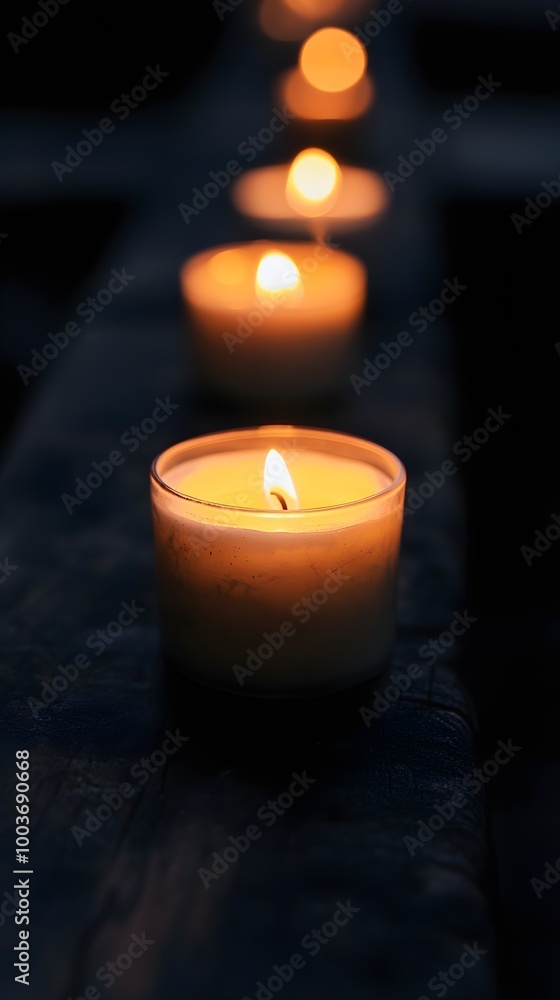 a row of small, lit candles placed in a line. The focus is on the nearest candle, which is in the foreground, while the other candles gradually blur into the background. a row of small, lit candles placed in a line. The focus is on the nearest candle, which is in the foreground, while the other candles gradually blur into the background.