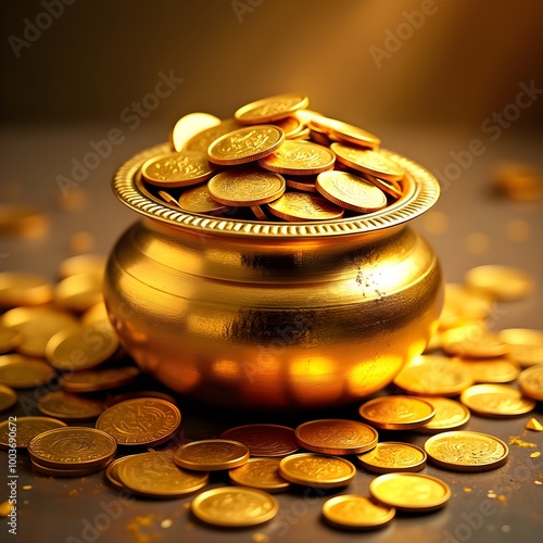 golden pot kalash fild with golden coins for dhanteras and diwali celebration, shubh labh meaning wishing prosperity, swastic, hindu Laxmi pujan. photo