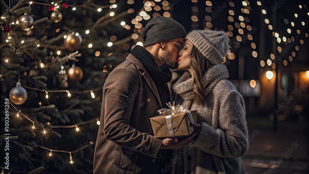 Obraz premium A romantic couple kissing under Christmas lights, holding a beautifully wrapped gift, surrounded by a festive atmosphere.