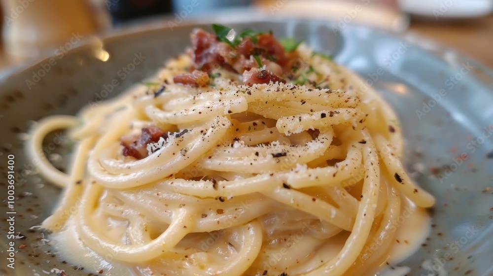Close up of a delicious spaghetti carbonara Close up of a delicious spaghetti carbonara