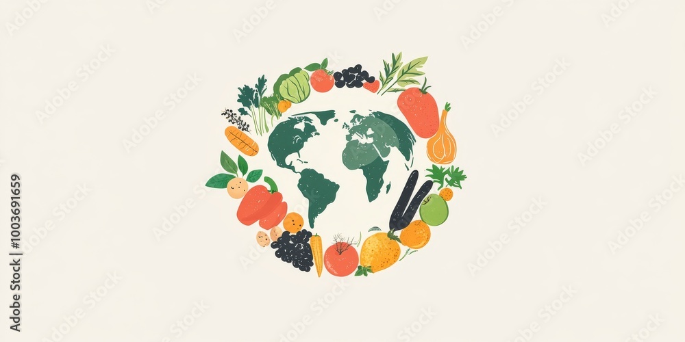 Naklejka premium A colorful illustration of a globe with a variety of fruits