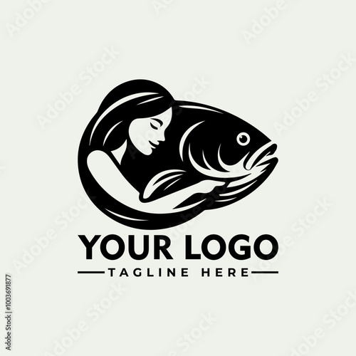 Woman hugging fish vector logo water waves black silhouette Woman lovingly embraces a fish in the water, set against gentle waves in a black silhouette. Suitable for aquaticthemed designs photo