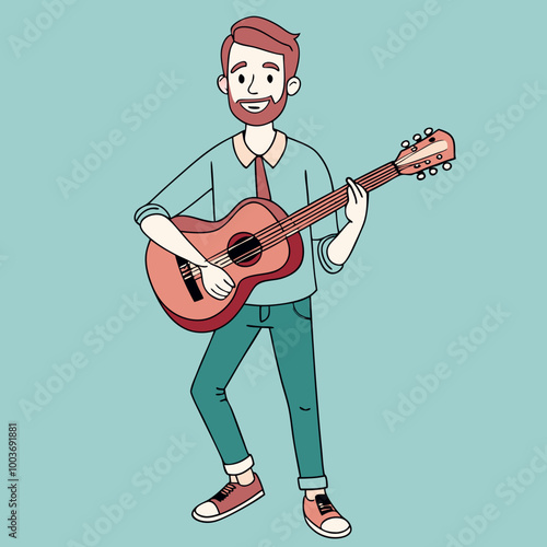 Man playing guitar with a cheerful mood in a joyful and engaging musical pose