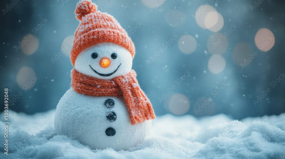 side angle of snowman's smile, pastel blue background, carrot nose and snow details, soft focus, festive card layout for wishes.