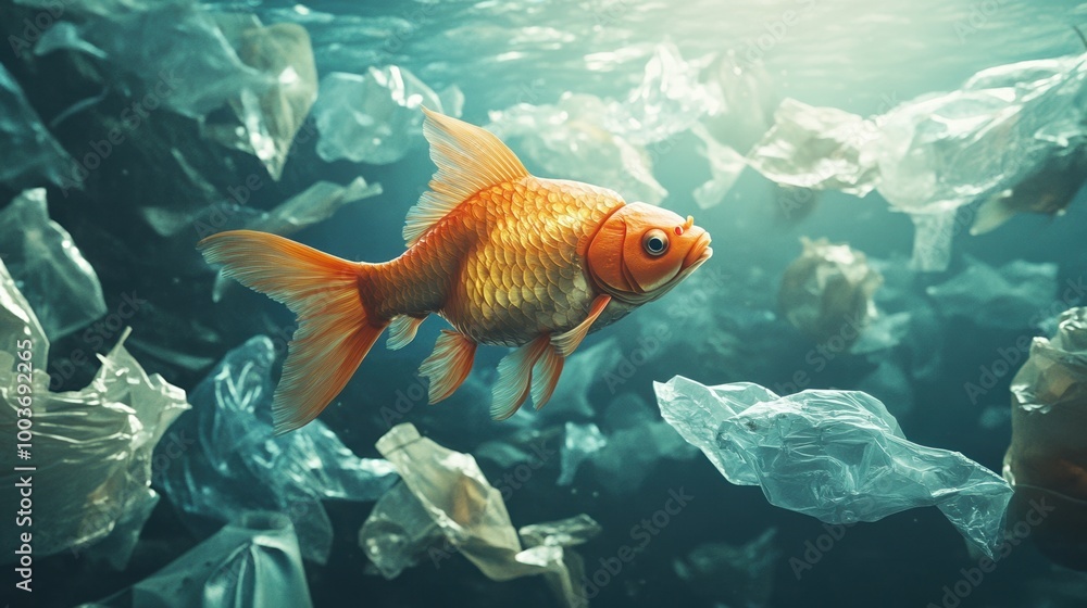 Obraz premium Goldfish swimming through plastic pollution in an underwater scene.