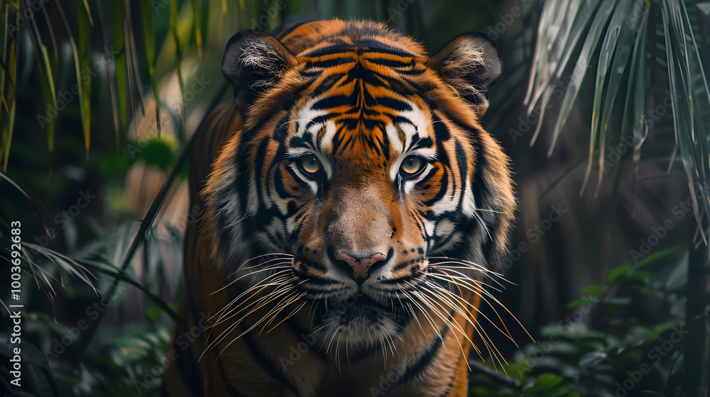 Fototapeta premium Majestic tiger with vibrant stripes stealthily stalks through dense, lush jungle in the sunlight.