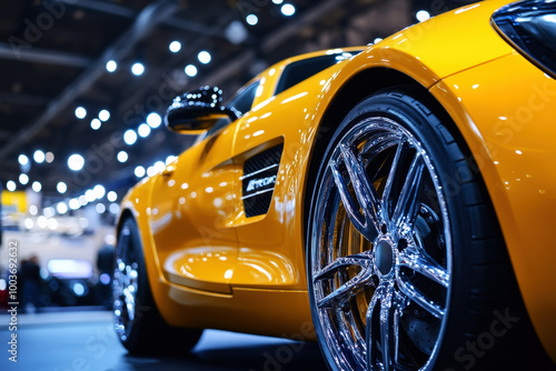 close up on yellow sports car rear wheel , wheel with a large chrome rim and yellow interior