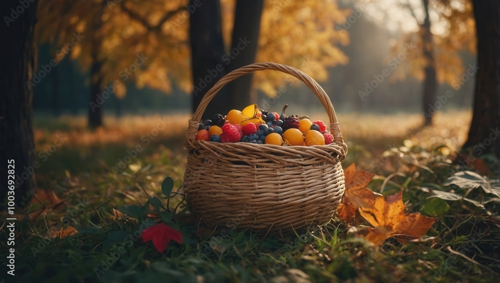 Basket of Apples and Oranges on Grassy Area Surrounded by Autumn Foliage Basket of Apples and Oranges on Grassy Area Surrounded by Autumn Foliage