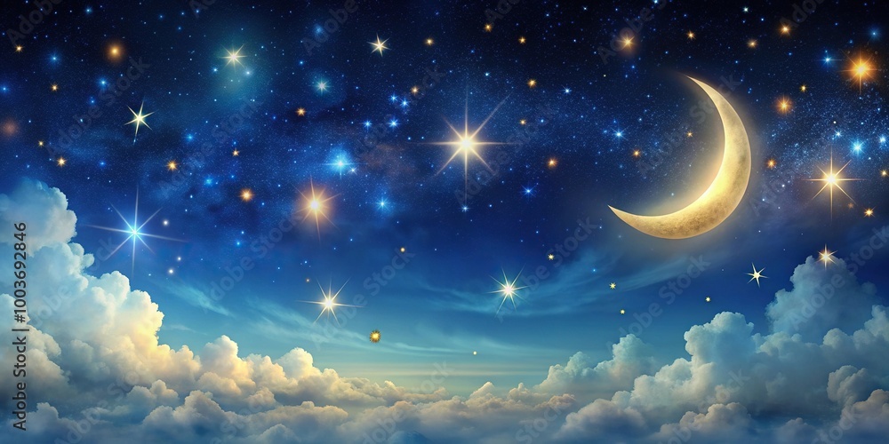 Whimsical night sky with crescent moon and twinkling stars Whimsical night sky with crescent moon and twinkling stars