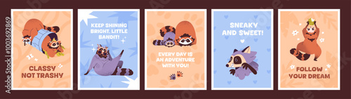 Set of comic cards with cute raccoons. Postcards with adorable racoons in trash can and funny phrase. Posters with happy baby animal, amusing forest characters playing. Flat vector illustrations