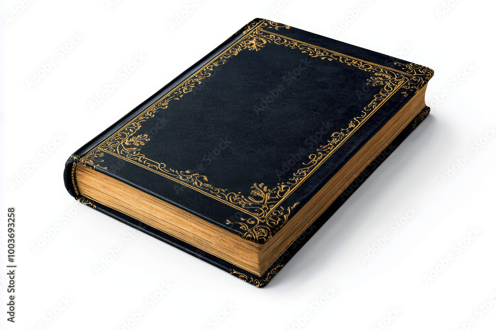 Book mockup hardcover novel with an elegant dark blue cover and gold embellishments on isolated white background. Book mockup hardcover novel with an elegant dark blue cover and gold embellishments on isolated white background.