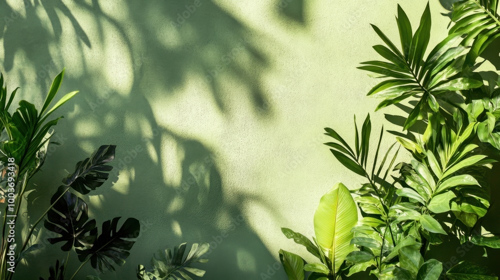 Shadows of tropical plants cast on a green wall creating a serene abstract composition reminiscent of island life Shadows of tropical plants cast on a green wall creating a serene abstract composition reminiscent of island life