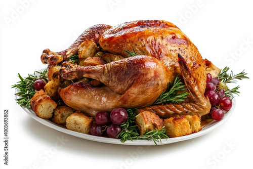 a roasted turkey garnished with fruits and herbs on a white plate, perfect for holiday and festive themes.