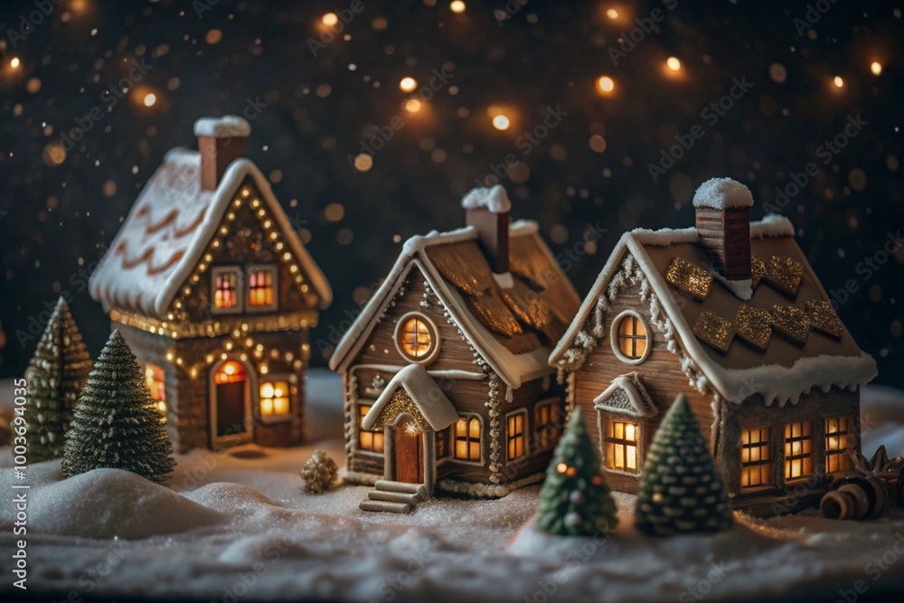 The concept of a home celebration of Christmas or New Year 2025, family traditions. Gingerbread houses with glaze with atmospheric lighting. The concept of a home celebration of Christmas or New Year 2025, family traditions. Gingerbread houses with glaze with atmospheric lighting.