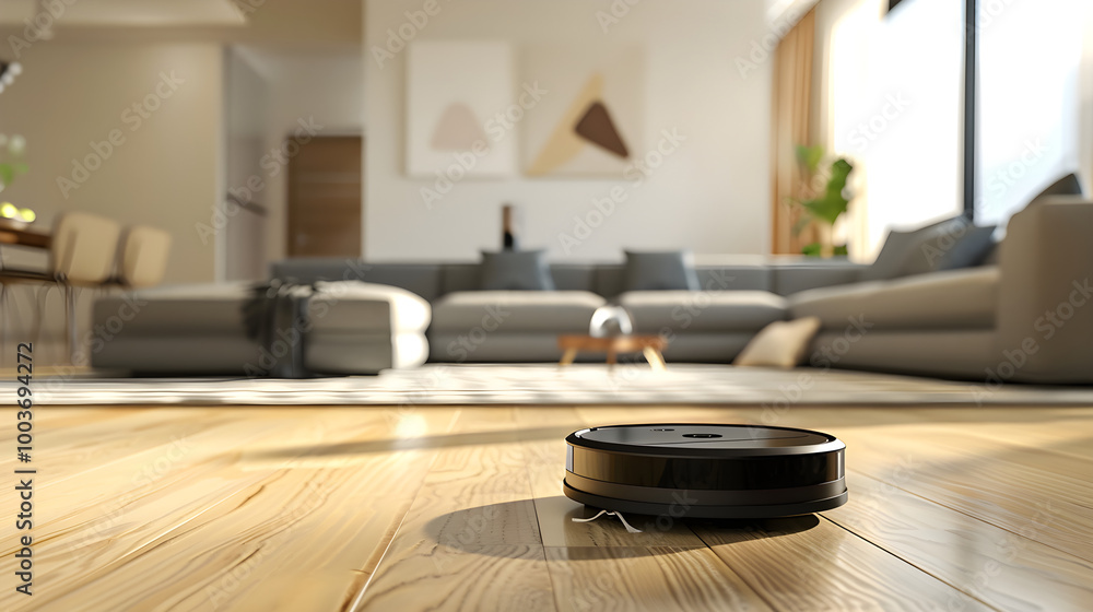 A white robot vacuum with remote control cleaning a dusty hardwood floor in a home. A white robot vacuum with remote control cleaning a dusty hardwood floor in a home.