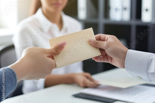 Close-up of employee receiving envelope with salary from boss in office setting. Man in suit hands paper to woman in business attire. Workplace scene with indoor background, pro atmosphere. photo