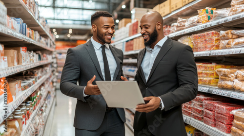 Two professionals engaged in a discussion while reviewing information on a laptop in a grocery aisle, showcasing teamwork and collaboration in a modern retail setting.