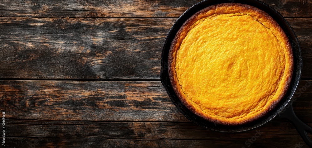 Delicious golden cornbread baked in a skillet on a rustic wooden surface. Delicious golden cornbread baked in a skillet on a rustic wooden surface.