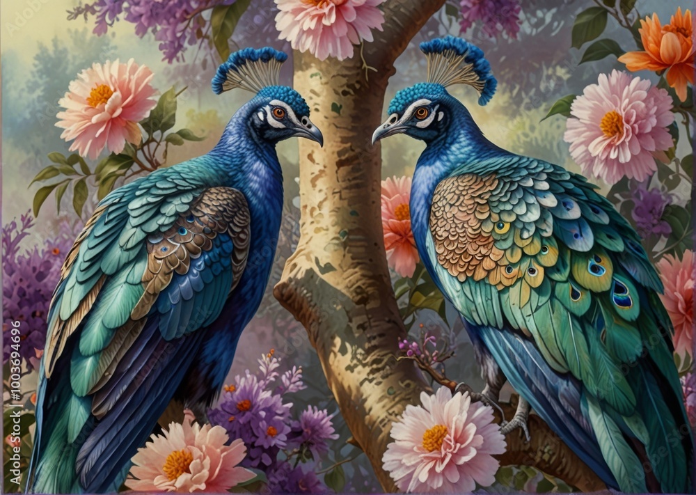Fototapeta premium illustration of peacocks among flowers
