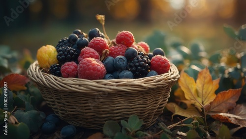 Wallpaper Mural Rustic Basket Filled with Raspberries and Blueberries in Natural Outdoor Setting Torontodigital.ca