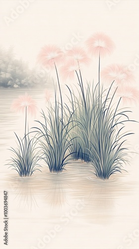 Lush pale pink reeds and light green and light blue grass made of Suzhou embroidery surround the river, light beige background
Lush pale pink reeds and light green and light blue grass made of Suzhou
 photo