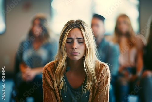 Photo of a depressed female looking down during a worker versus client session seeking help and healthcare, Generative AI