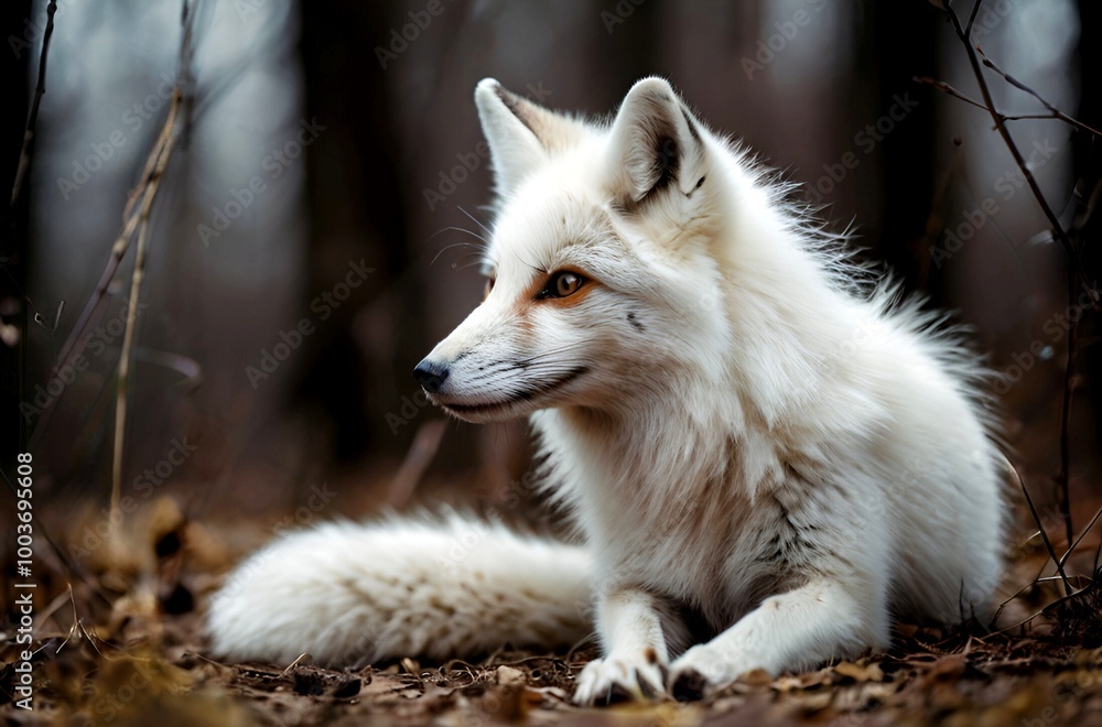 A beautiful white fox sitting alone in a forest A beautiful white fox sitting alone in a forest