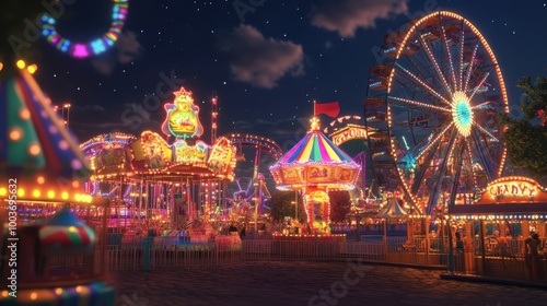 3D effect of a carnival night scene with illuminated rides, neon signs, and a festive