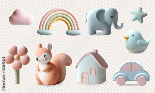 3d kids toys and nursery elements. 3d render set with cute elephant, squirrel, rainbow, car in pastel colors