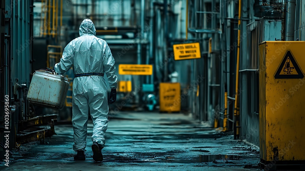 An engineer, fully covered in a white biohazard suit, is seen from the back, lifting a container of hazardous waste. An engineer, fully covered in a white biohazard suit, is seen from the back, lifting a container of hazardous waste.
