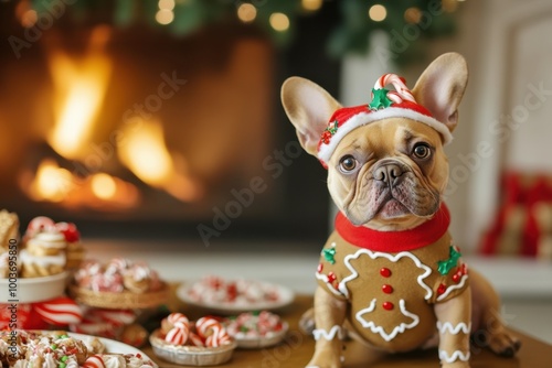 Adorable French bulldog dressed in a gingerbread outfit, surrounded by festive treats near a cozy fireplace, dog in christmas costume