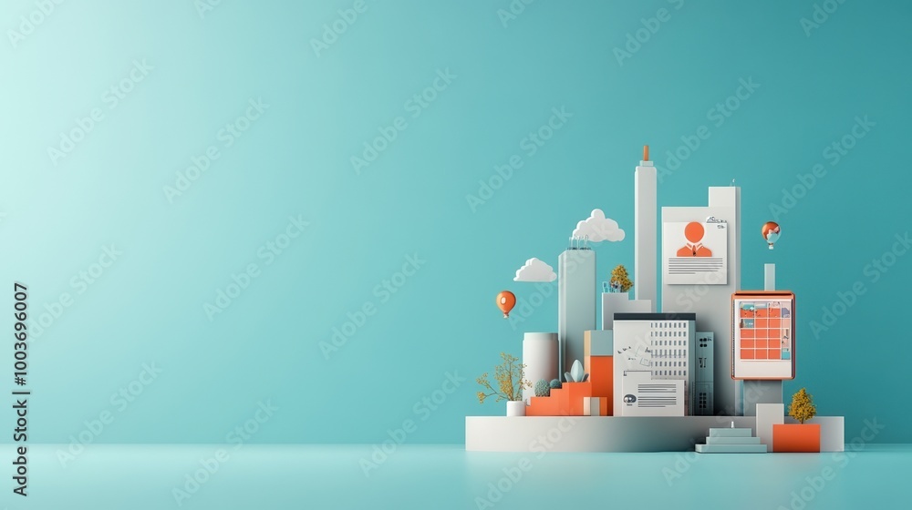 Obraz premium Modern business cityscape with colorful buildings on a teal background.