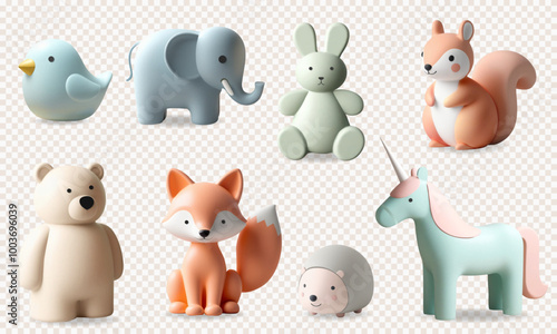 3d rendering set with cute animals. 3d kids toys. Squirrel, bunny, unicorn, fox, elephant, hedgehog in pastel colors